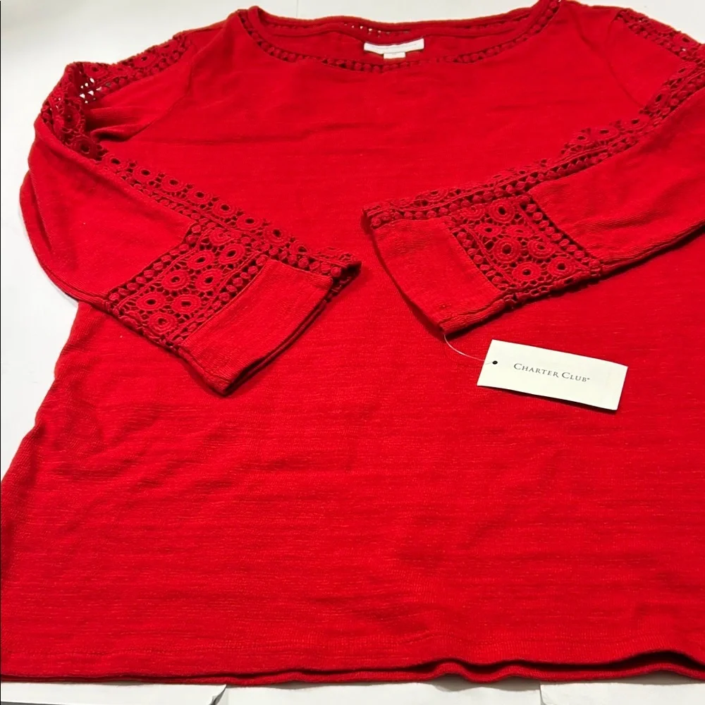 Charter Club Women's Red Crochet Sleeve Top